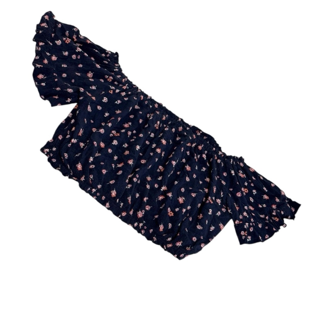 Full Tilt Navy Blue Floral off the shoulder retro stretch Blouse - Picture 5 of 5